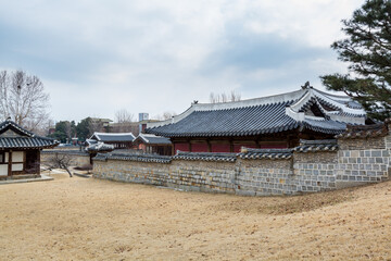 Wooden house with black tiles of Hwaseong Haenggung Palace loocated in Suwon South Korea, the largest one of where the king and royal family retreated to during a war 