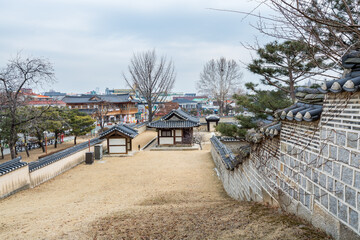 Wall with black tiles of Hwaseong Haenggung Palace loocated in Suwon South Korea, the largest one of where the king and royal family retreated to during a war , since the time of King Jeongjo