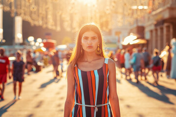 Portrait of a tanned woman in dress walking down the street.In the background, the sunset light and people in a blur. Concept of social advertising, business and psychology