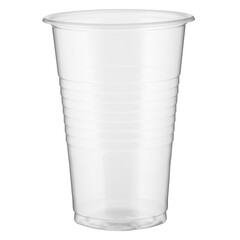 One empty disposable transparent plastic cup isolated on white background