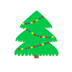 A simple fluffy Christmas tree as a symbol of a happy New year, a fun celebration of the Christmas holiday. Light jewelry sparkles. Bright shiny vector design illustration. Flat style.