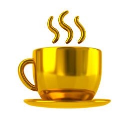 Golden steaming coffee cup icon 3d illustration isolated on white background