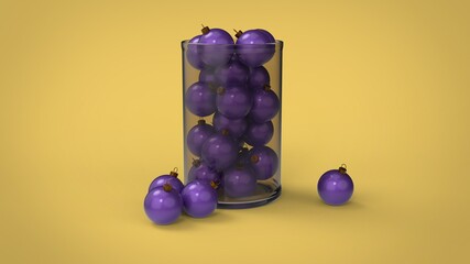 Christmas tree violet decoration balls with solid glass cylinder box on soft yellow background 3d render illustration