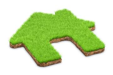 Home shape made of green grass and piece of soil land. Home concept. 3d illustration. 