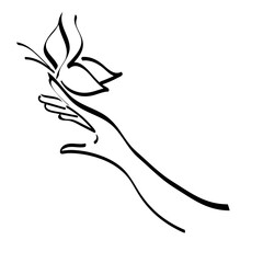 Obraz premium Female hand with butterfly. Beautiful girl fingers. Vector line art ilustration isolated on white background. For advertising of perfume, beauty salon, manicure.