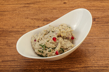 Vagan dietary cusine - mutabal with granet seeds