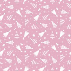 seamless handwritten drawing of Christmas white trees on a delicate pink background.  spruce tree with gifts and snowflakes for printing on paper and holiday packaging.  illustration.