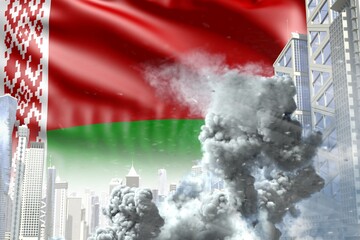 huge smoke pillar in the modern city - concept of industrial catastrophe or terroristic act on Belarus flag background, industrial 3D illustration