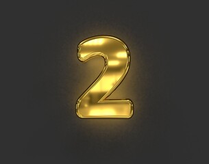 glossy golden metalline alphabet - number 2 isolated on dark grey, 3D illustration of symbols