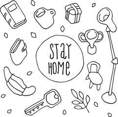Stay home. Black and white square card in doodle style