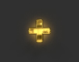 polished golden metalline font - plus isolated on dark grey, 3D illustration of symbols