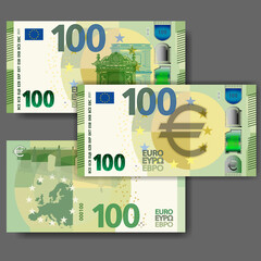 Set of new paper money in the style of the European Union. Green 100 euro banknote with arch and bridge. EPS10 - obrazy, fototapety, plakaty