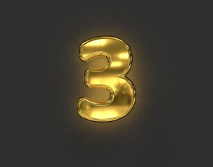 shiny golden brassy font - number 3 isolated on dark grey, 3D illustration of symbols