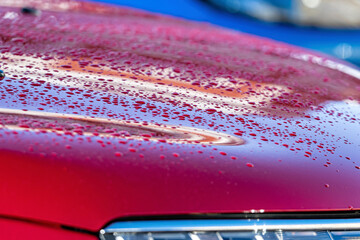 water drops after rain on red car hood