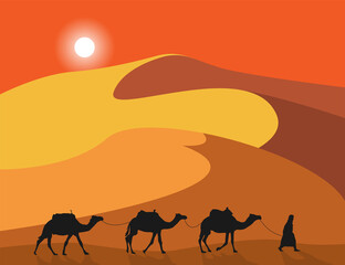 Lonely Arabic man with camels on sand dunes