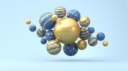 Many blue shiny spheres with gold decor on a light blue background.