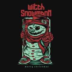 Witch Snowman Happy Christmas Cartoon Illustration