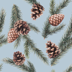 nature sketch pattern with pine cones and twigs forest winter and New Year theme watercolor drawing on a blue background