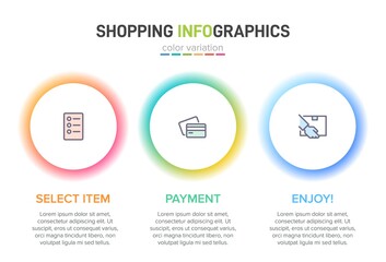 Concept of shopping process with 3 successive steps. Three colorful graphic elements. Timeline design for brochure, presentation, web site. Infographic design layout.