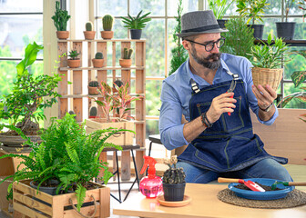 Relax hobbies lifestyle of Caucasian male  wearing apron planting in the room at home.