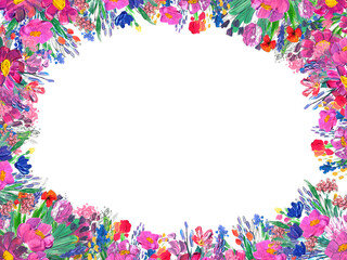 Hand-painted floral border. Wildrlowers on white background