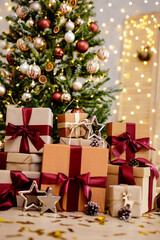 Christmas tree and gifts with red ribbons