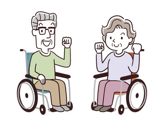 ベクターイラスト素材：車椅子に乗るシニア男性とシニア女性、やる気
