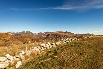 Mountain Range of the Monte Carega, called the small Dolomites, view from the Lessinia Plateau (Altopiano della Lessinia), Verona province, Veneto, Italy, Europe.