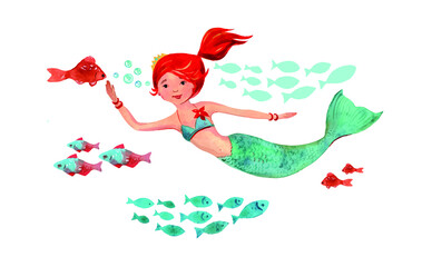 vector illustration in watercolor style with mermaid and fishes on white background
