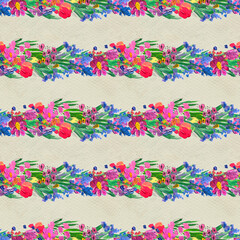 Fototapeta na wymiar Seamless pattern with flowers. Watercolor or acrylic painting. Hand drawn floral background.