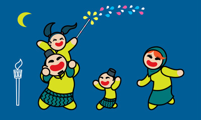 A happy Muslim family playing fireworks together. Background with Raya's elements. Vector. 