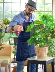 Fototapeta na wymiar Relax hobbies lifestyle of Caucasian male wearing apron spray water to growing a plants in the room at home.
