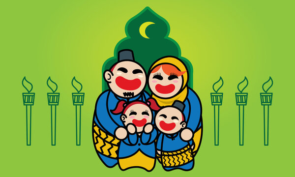 A happy Muslim family celebrating Raya festival. Background with Raya's elements. Vector.