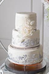 The white wedding cake with beautiful decorations