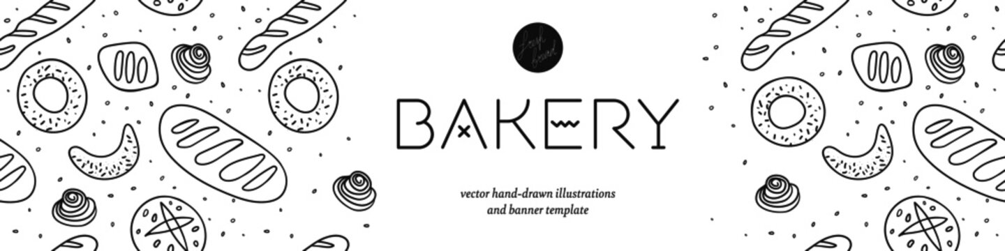 Bakery trendy graphics with bread minimal pattern. Cookery banner with hand-drawn vector illustrations. Cooking courses banner. Template background design of healthy food banner, culinary blog, cafe