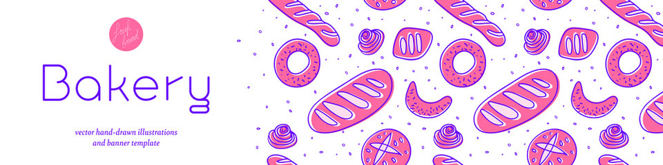 Template background design of healthy food banner for culinary blog, cafe. Cookery banner with hand-drawn vector illustrations. Cooking courses banner. Bakery trendy graphics with bread vivid pattern.
