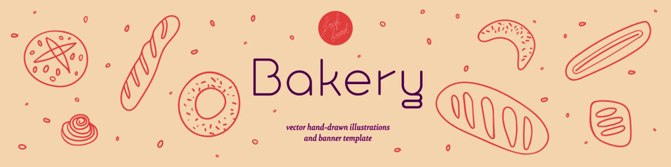 Cookery banner with hand-drawn vector illustrations. Cooking courses banner. Bakery trendy graphics with bread bright pattern. Template background design of healthy food banner for culinary blog, cafe