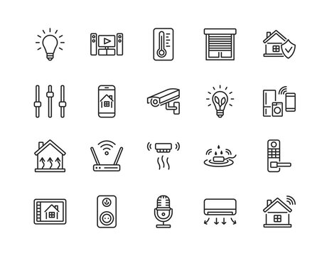 Smart house system flat line icon set. Vector illustration wireless home control and remote monitoring. Editable strokes.