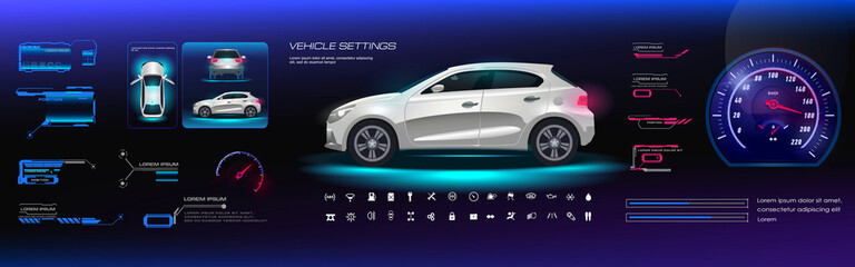 Car user interface HUD, GUI, UI. Road navigation. Virtual GUI with HUD style electric vehicle options and parameters. Realistic car three projections with video game interface, options, navigation bar