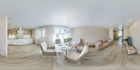 Full spherical seamless hdri panorama 360 degrees view in interior of guest room in apartment with sofa and served table in equirectangular projection, VR content © hiv360