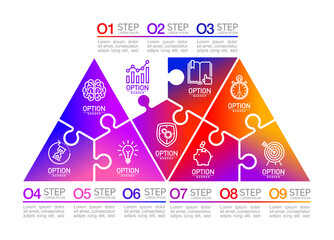 Nine pieces flat puzzle round infographic presentation. 9 steps circle business diagram. Nine sections compare service banner. 9 pieces jigsaw illustration template shape. Abstract puzzle Background.