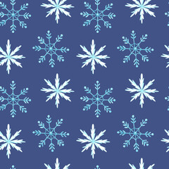 Fototapeta na wymiar Watercolor simple seamless pattern with white snowflakes. Winter texture. Christmas template.Watercolour dark Blue background.New year print