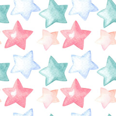 Obraz premium Watercolor seamless pattern with multicolored stars on a white background.Watercolour hand made illustration