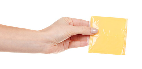 Hand with yellow square cheddar cheese isolated on white background.