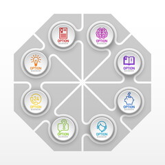 Eight pieces flat puzzle round infographic presentation. 8 steps circle business diagram. Eight sections compare service banner. 8 pieces jigsaw illustration template shape. Abstract puzzle Background