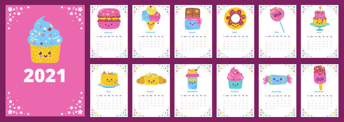 Calendar 2021 with funny kawaii desserts. Template pages