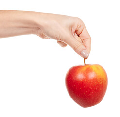 Hand with fresh red apple isolated on white background.
