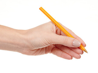 Hand with yellow writing pen isolated on white background.