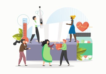 Doctor treating patients catching cold, flat vector illustration.