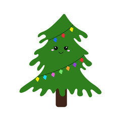 Christmas cute kawaii tree. Vector illustration.	